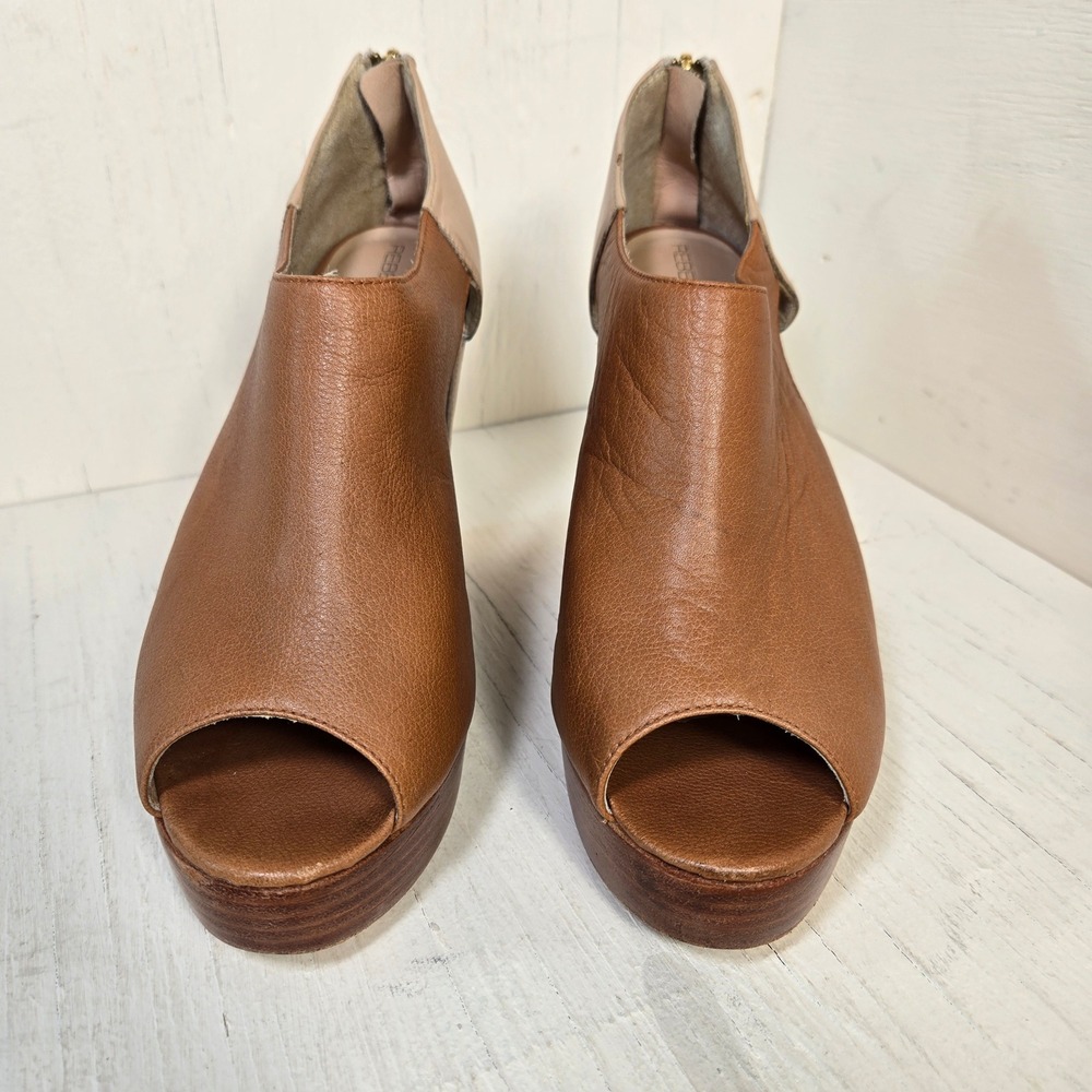 Rebecca Minkoff Women Brown Tan Leather Peep Toe Platform Wedge Sandals Size 7.5